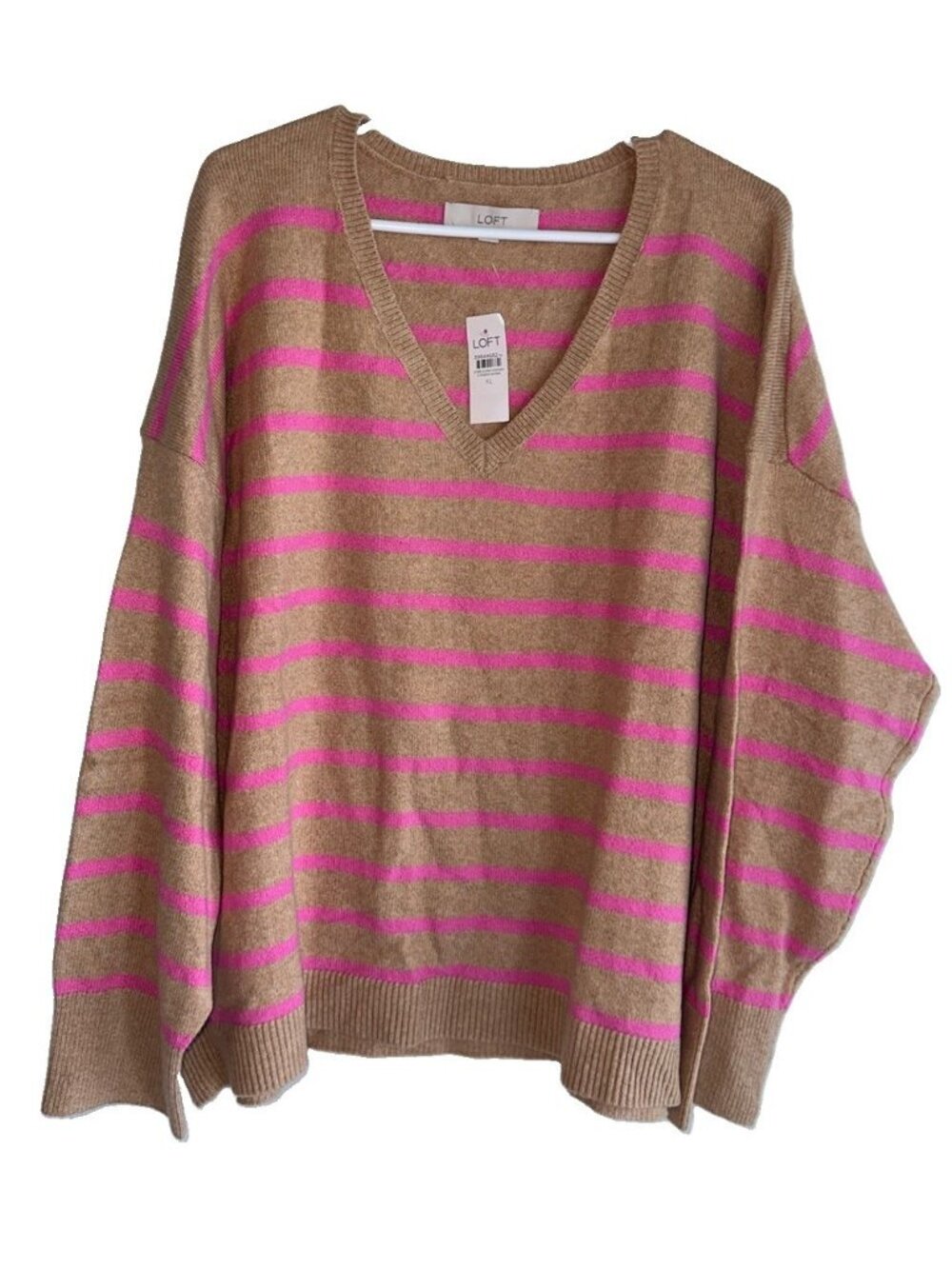 NWT Loft Womens V Neck Sweater Sz XL Camel Pink Stripes Cozy Soft Girl Preppy